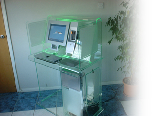 A new direction in kiosk information access with added privacy / security.<br>The v38 Mark II Workstation Kiosk can be fitted with  plain panels, vanity vinyl and privacy screen filters.